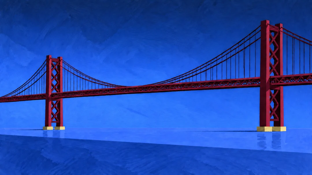 A painting of the 25 de Abril bridge in crimson against a deep blue sky, its piers standing in blue water