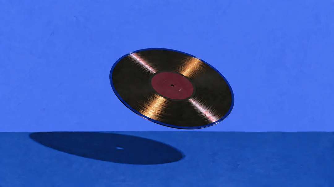A painting of a vinyl record tilted above a blue floor against a blue wall, casting a long shadow